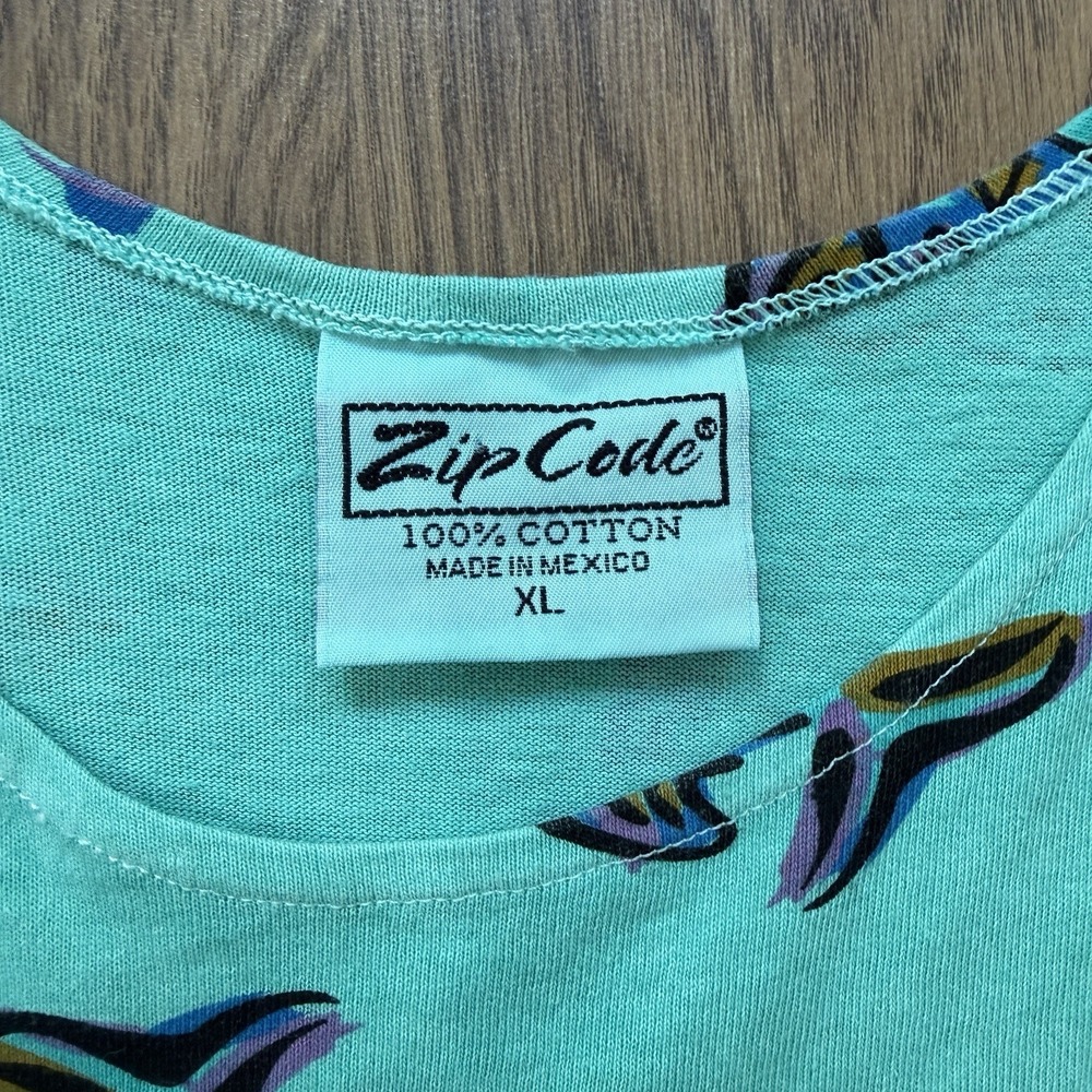 VTG Zip Code Dress Womens XL Green Fish Print Maxi 100% Cotton 90s Retro Beachy - Picture 5 of 8